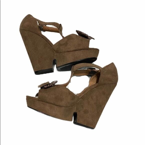 Crown Vintage Mary Jane Peep Toe Bow Wedge Taupe 7 - Picture 2 of 7